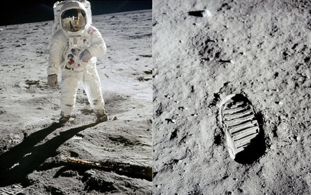 Buzz Aldrin caminando en la superficie lunar en el año 1969, la primera vez que el hombre pisa esa superficie. Su huella a la derecha