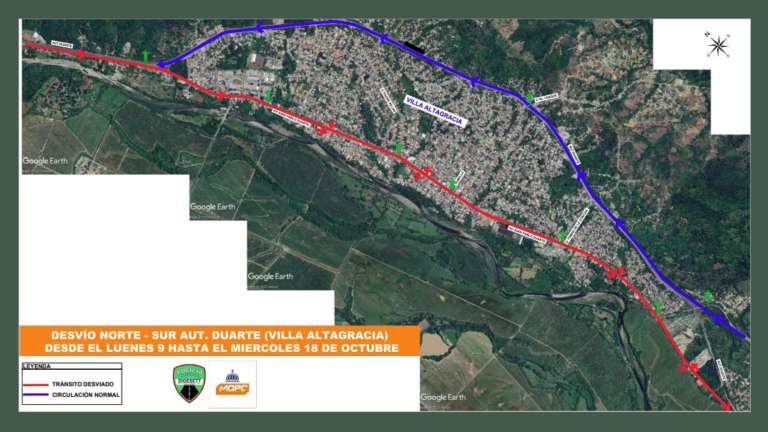 MOPC informa desvío del tránsito por el centro de Villa Altagracia desde este lunes, en horario de 10:30 P.M y 5:00 A.M